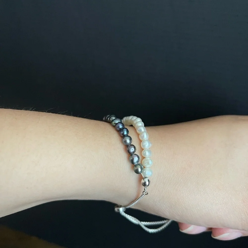 Sterling Silver Authentic Pearl Two Row Adjustable Bracelet
